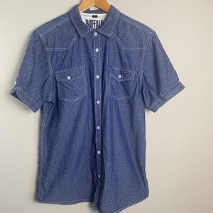 Buffalo David Bitton Men's Navy Jacquard Allover Houndstooth‎ SS Button Shirt L